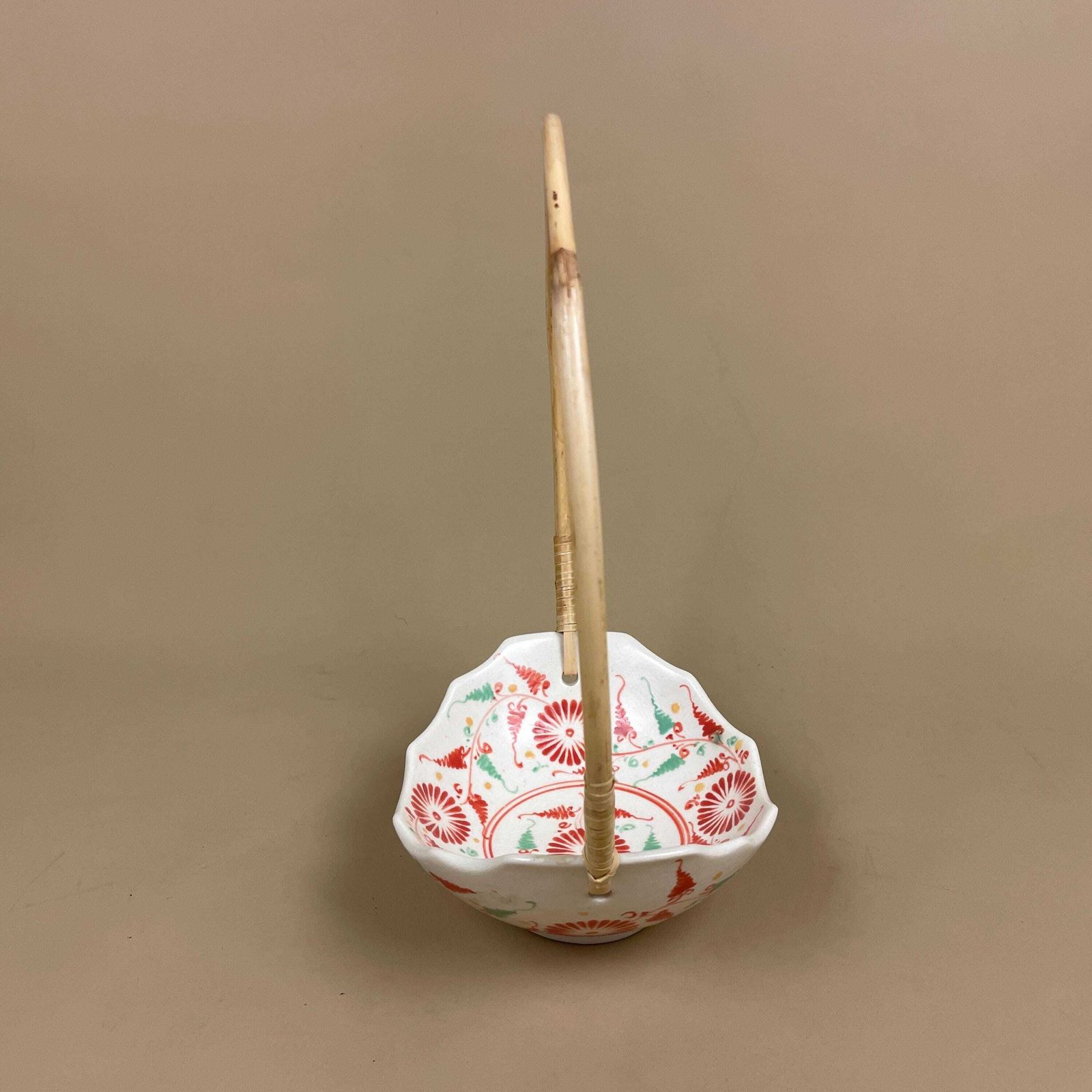 Japanese Ceramic Basket Bowl With Bamboo Handle Red Floral Hand Painted Display Imari Vintage Hand Painted Asian Ceramic Decor Trinket Dish photo 67.0