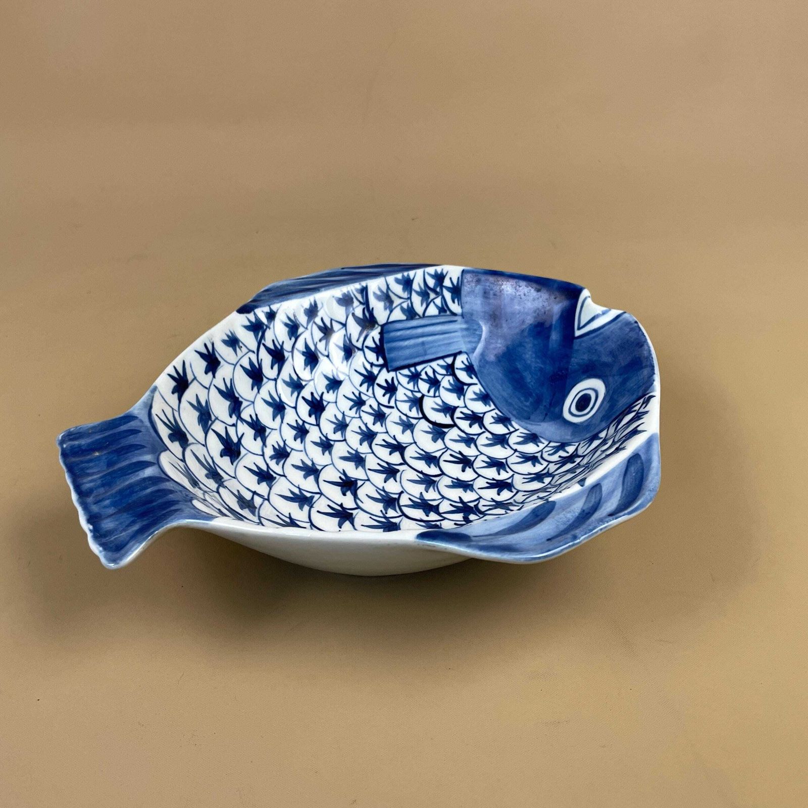 Blue White Parlane Ceramic Fish Bowl Hand Painted Coastal Serving Dish Vintage Ocean Nautical Decor Kitchen Table Centrepiece Art Pottery photo vinterior
