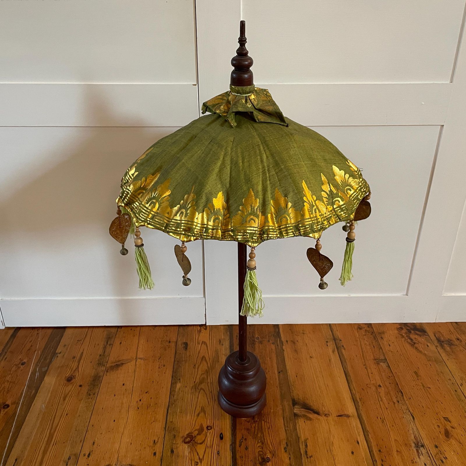Balinese Green Gold Parasol Umbrella Decorative Tassel Temple Shade Stand Boho Exotic Vintage Decor Handcrafted Bali Art Wooden Base Accent
