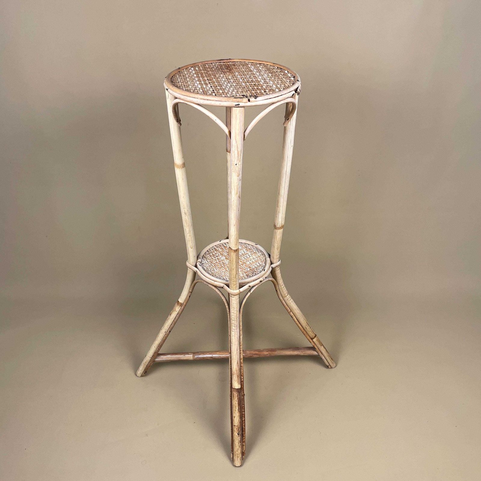 Vintage Bamboo Plant Stand Two Tier Rattan Woven Top Round Display Table Mid Century Natural Boho Accent Stand Indoor Brown