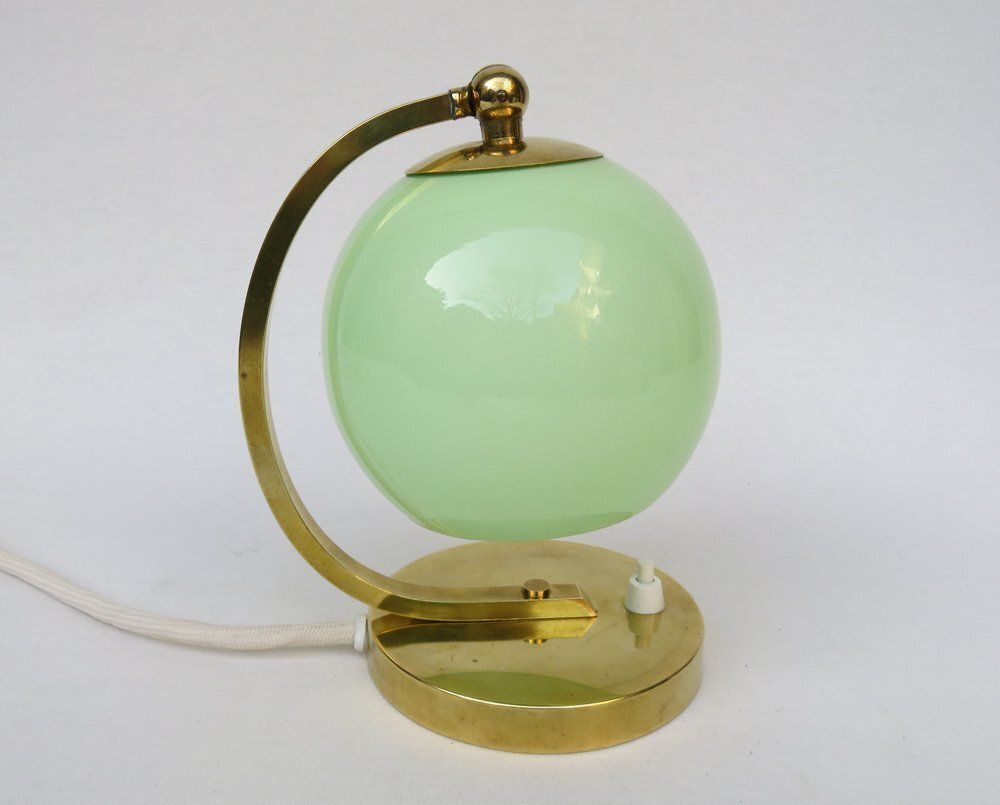 Art Deco Bedside Lamp In Brass With Green Cased Glass Shade, 1920s