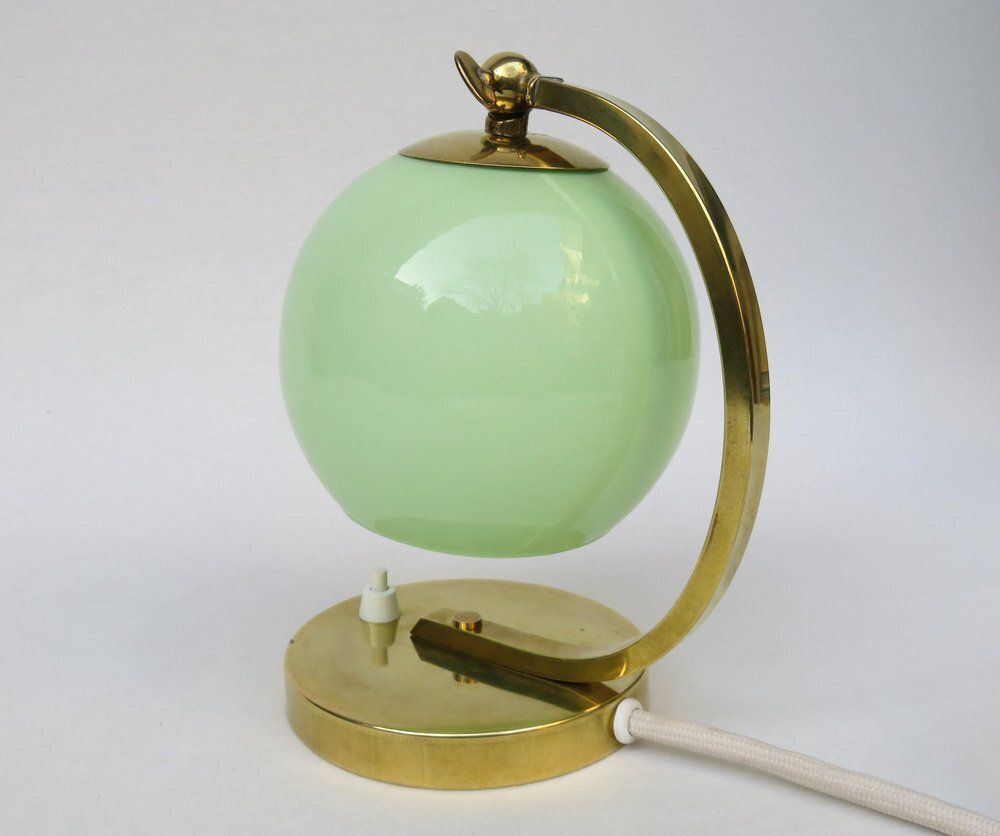 Art Deco Bedside Lamp In Brass With Green Cased Glass Shade, 1920s photo vinterior