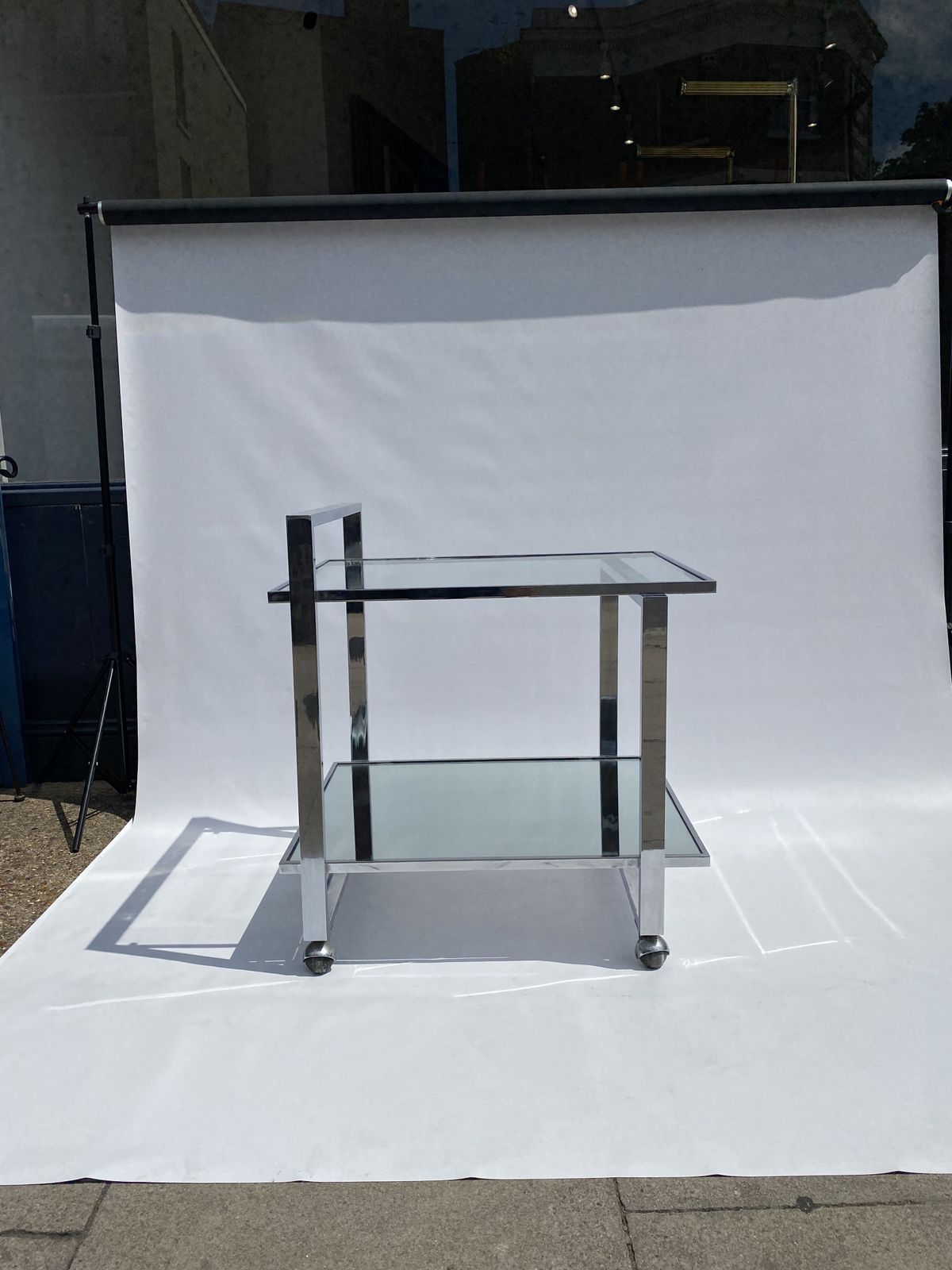 Romeo Rega Chrome 1970s Square Drinks Bar Cart Trolley Table Glass Mirror Hollywood Regency Sofa Display photo for sale