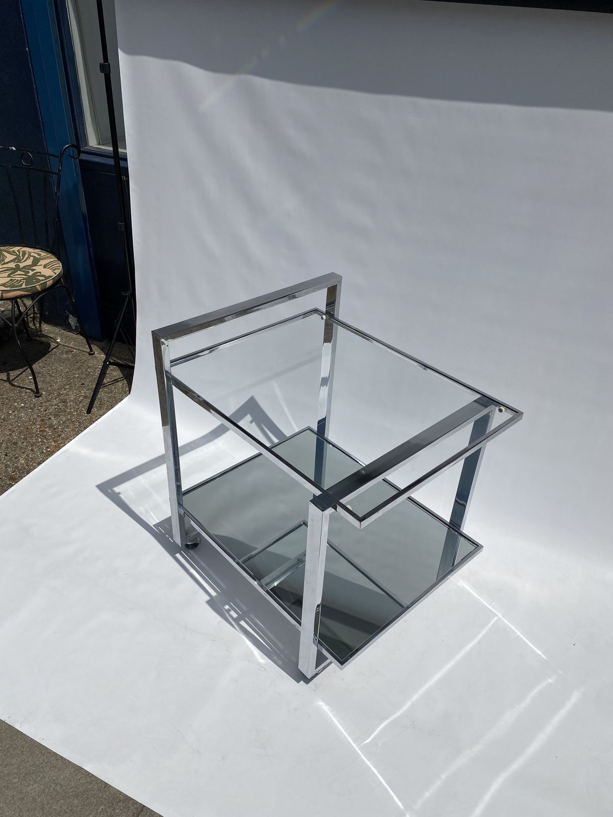 photo for sale Romeo Rega Chrome 1970s Square Drinks Bar Cart Trolley Table Glass Mirror Hollywood Regency Sofa Display