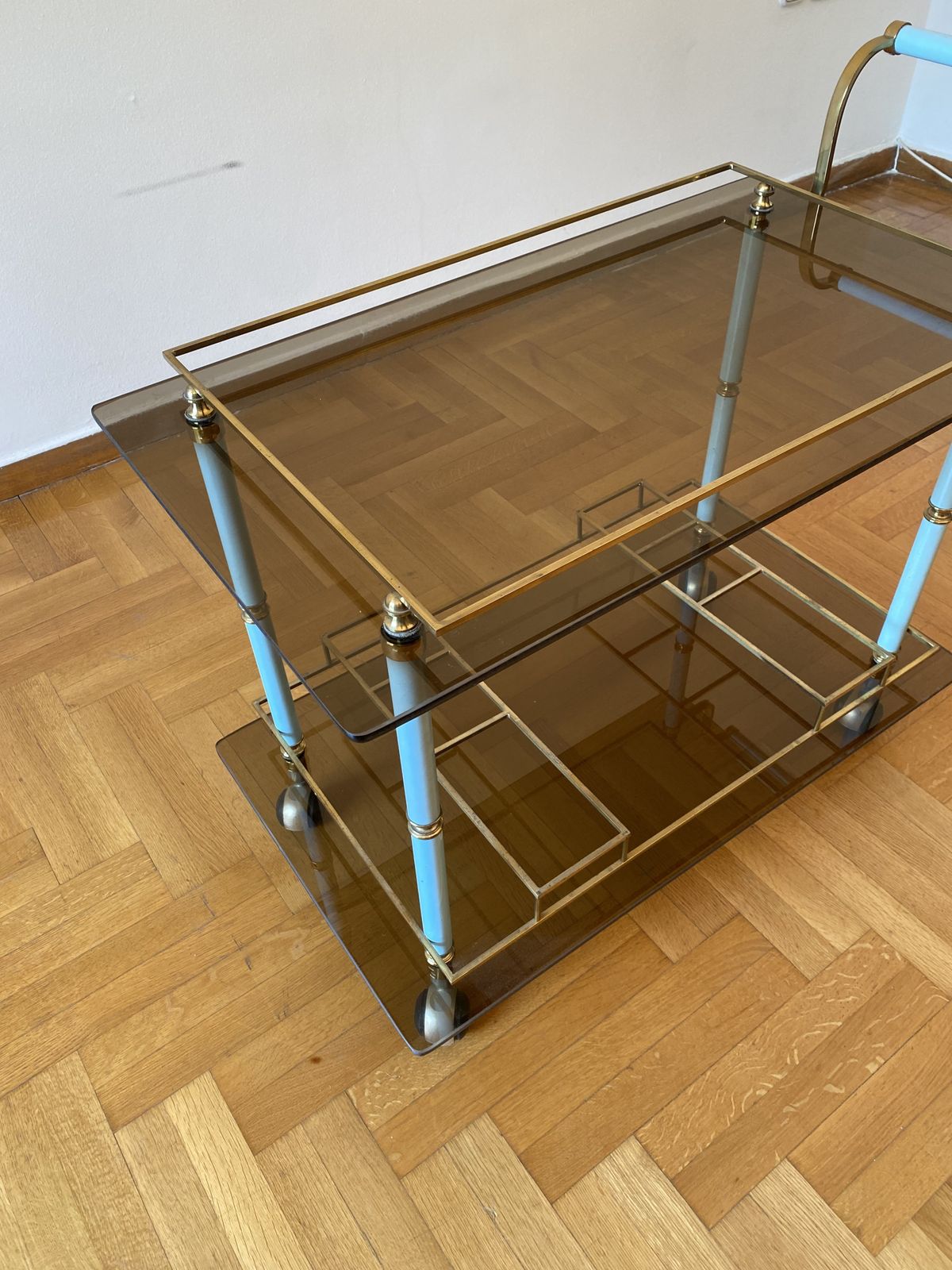 Teal 1960s Bar Cart Drinks Trolley Brass Table Smoked Glass Hollywood Regency Italian Serving photo furniture