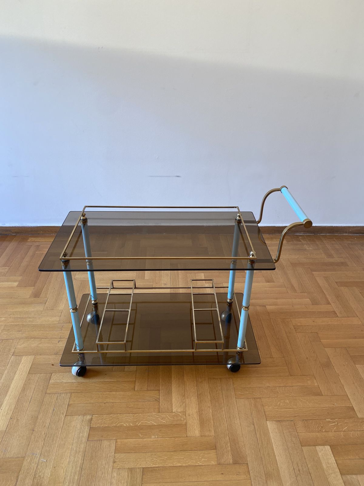 Teal 1960s Bar Cart Drinks Trolley Brass Table Smoked Glass Hollywood Regency Italian Serving photo vinterior