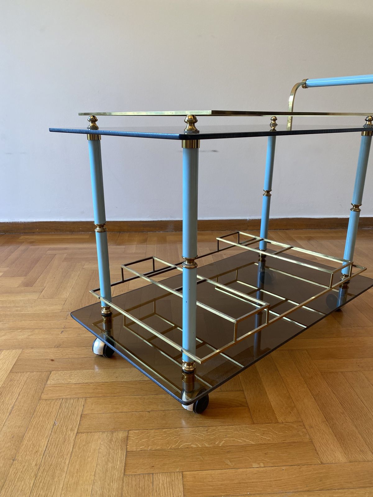 photo for sale Teal 1960s Bar Cart Drinks Trolley Brass Table Smoked Glass Hollywood Regency Italian Serving