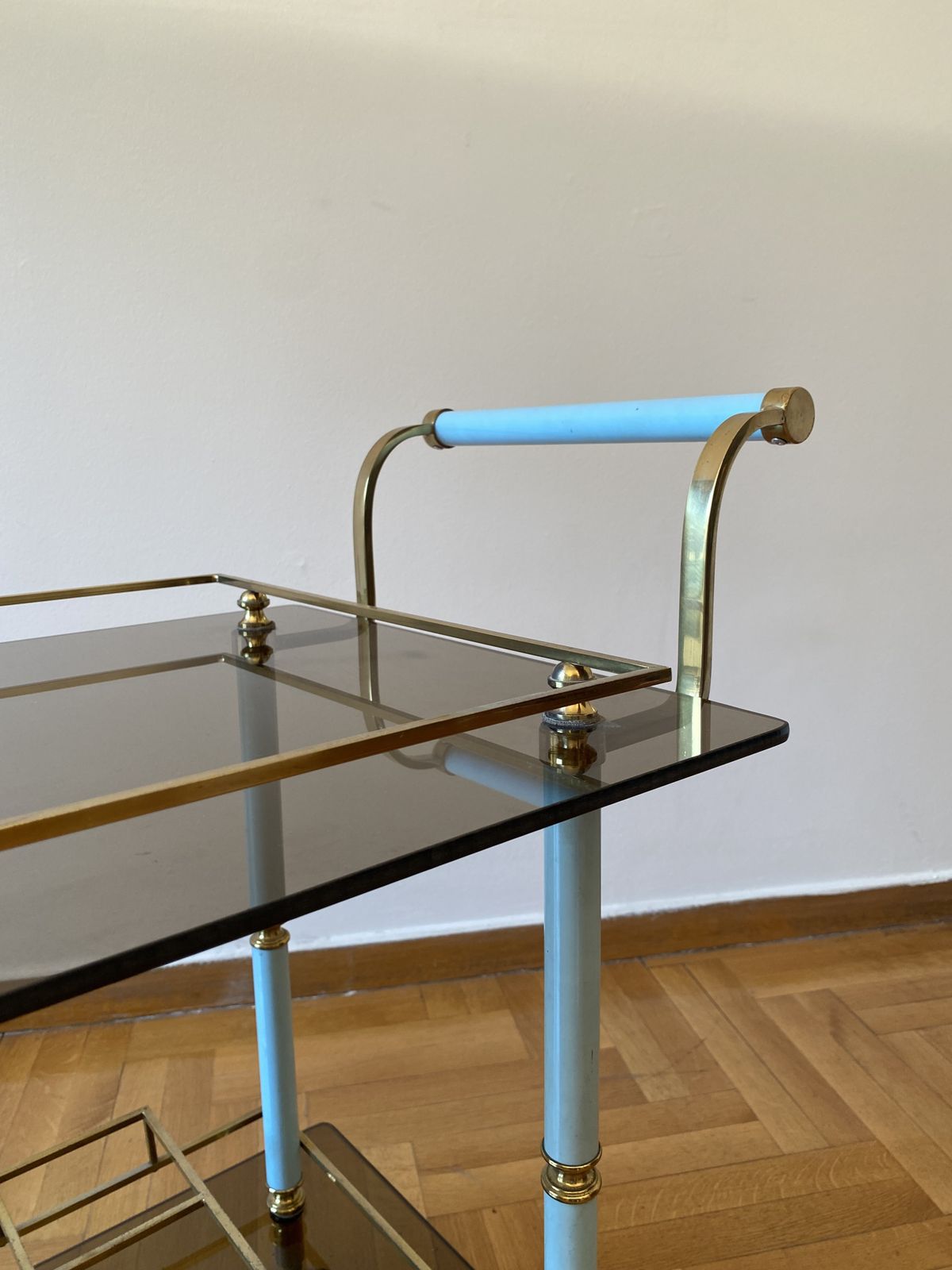 photo buy Teal 1960s Bar Cart Drinks Trolley Brass Table Smoked Glass Hollywood Regency Italian Serving