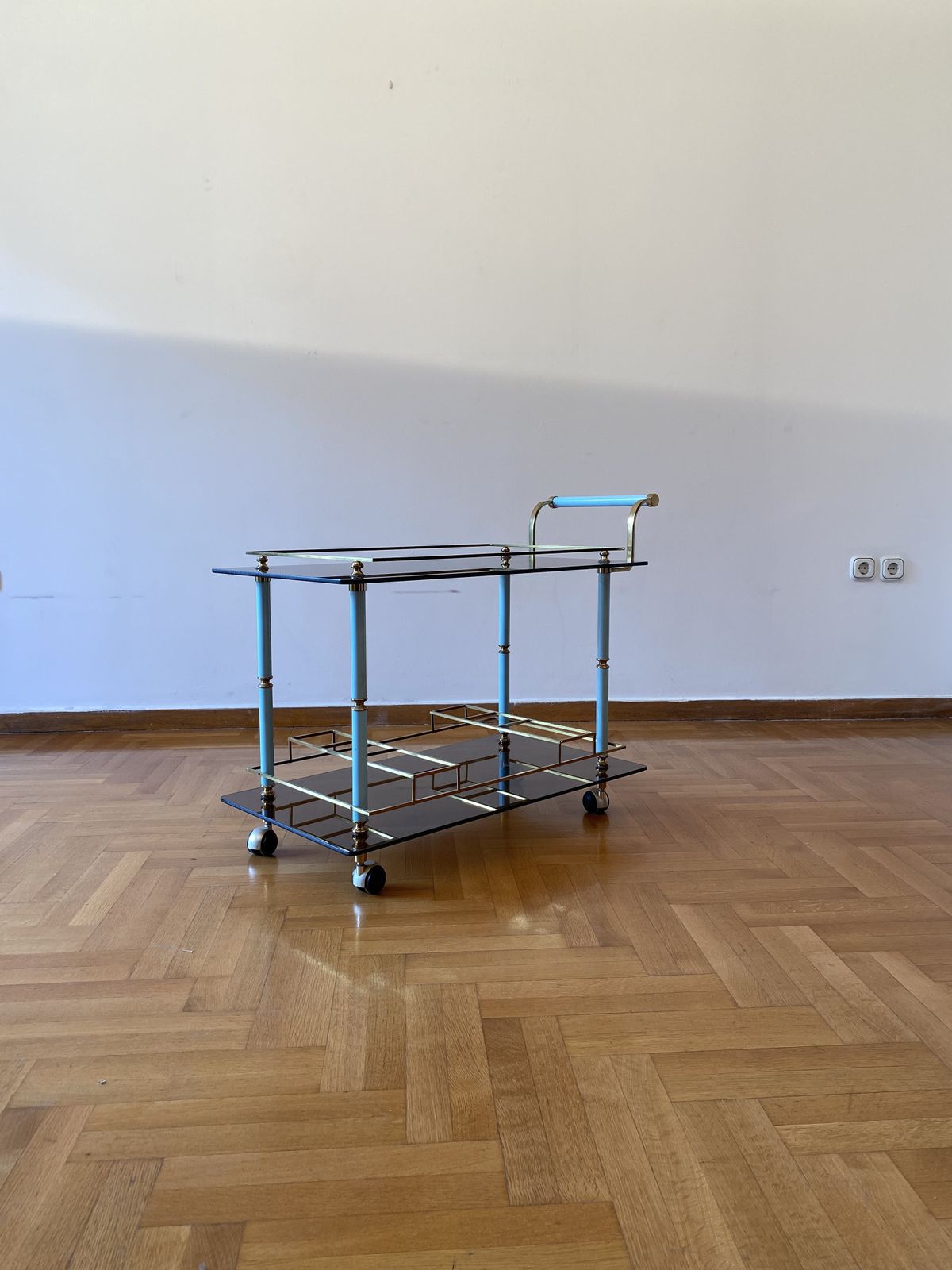 Teal 1960s Bar Cart Drinks Trolley Brass Table Smoked Glass Hollywood Regency Italian Serving