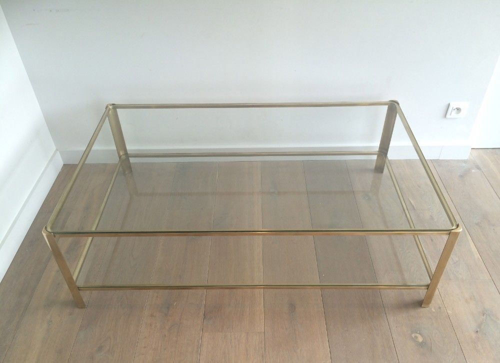 Large Double Top Coffee Table In Polished Bronze And Glass Signed Jacques Théophile Lepelletier And Stamped Broncz
