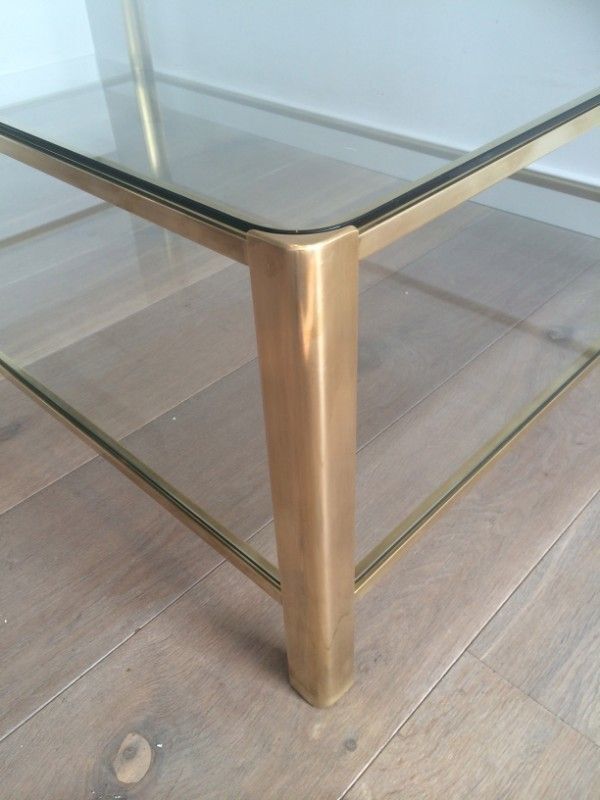 Large Double Top Coffee Table In Polished Bronze And Glass Signed Jacques Théophile Lepelletier And Stamped Broncz photo 5500.0
