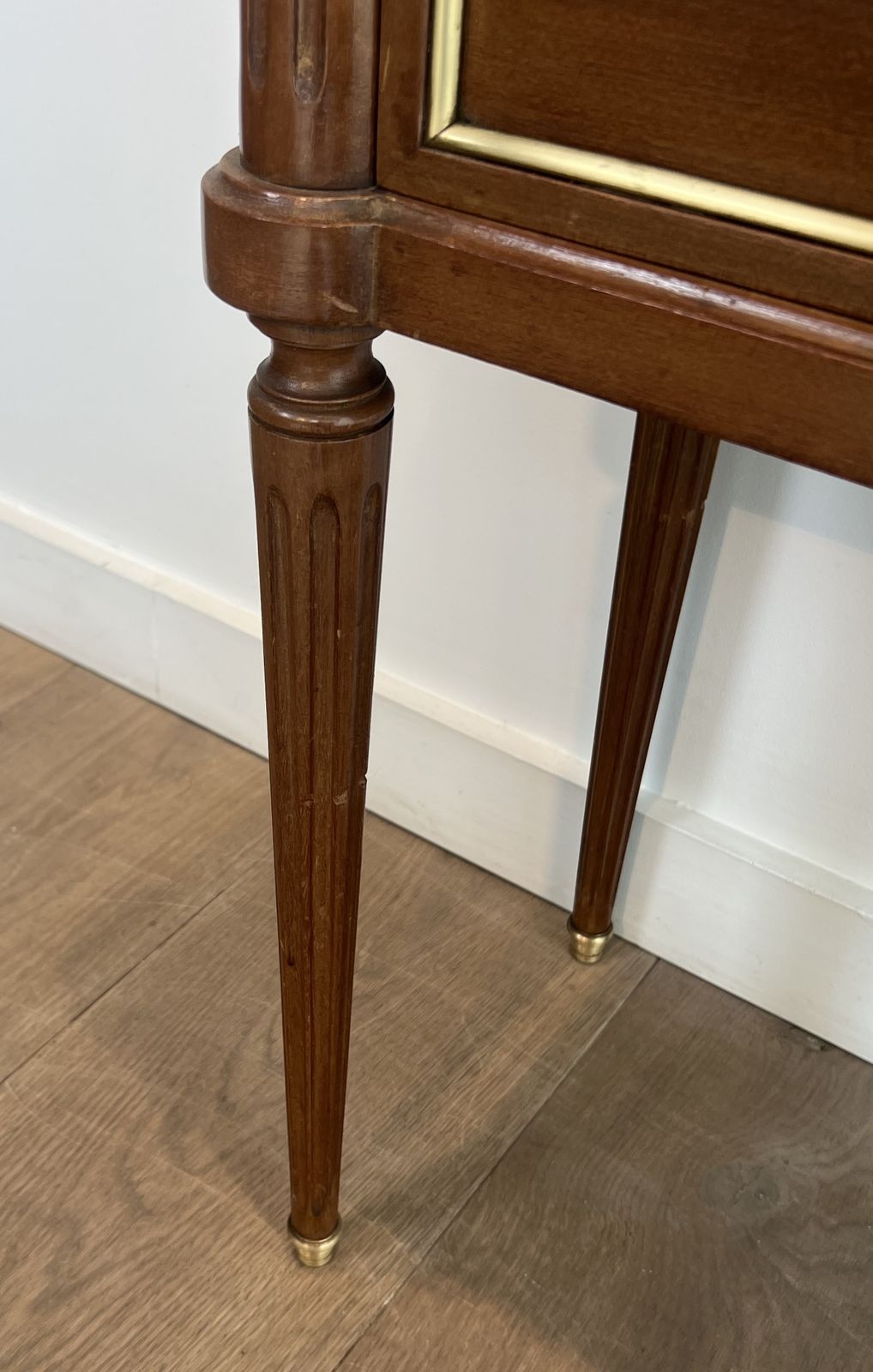 photo buy Pair Of Mahogany And Brass End Tables Or Bedside Tables With Carrara Marble Tops In The Style Of Maison Jansen. Circa 1940