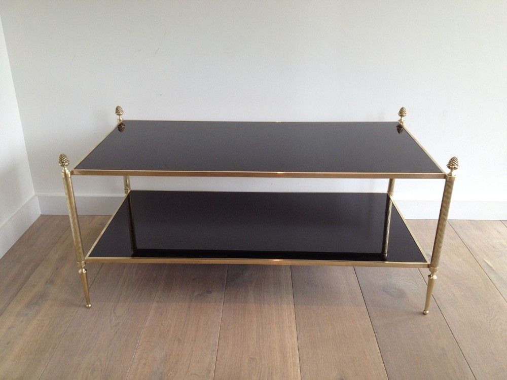 Neoclassical Style Coffee Table In Bronze And Brass With Double Black Lacquered Glass Tops From Maison Baguès photo furniture