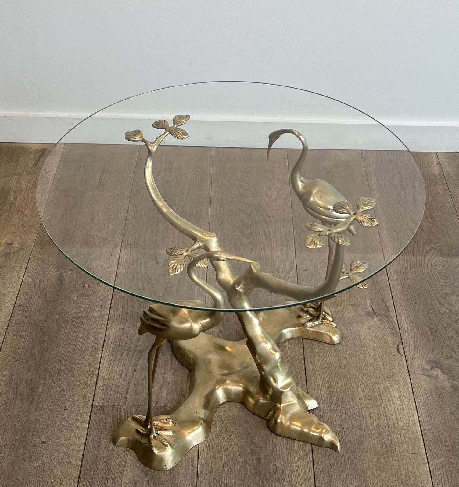 Willy Daro Brass Crane Model Coffee Table Surrounding A Bonsai Tree With Round Glass Top photo Furniture