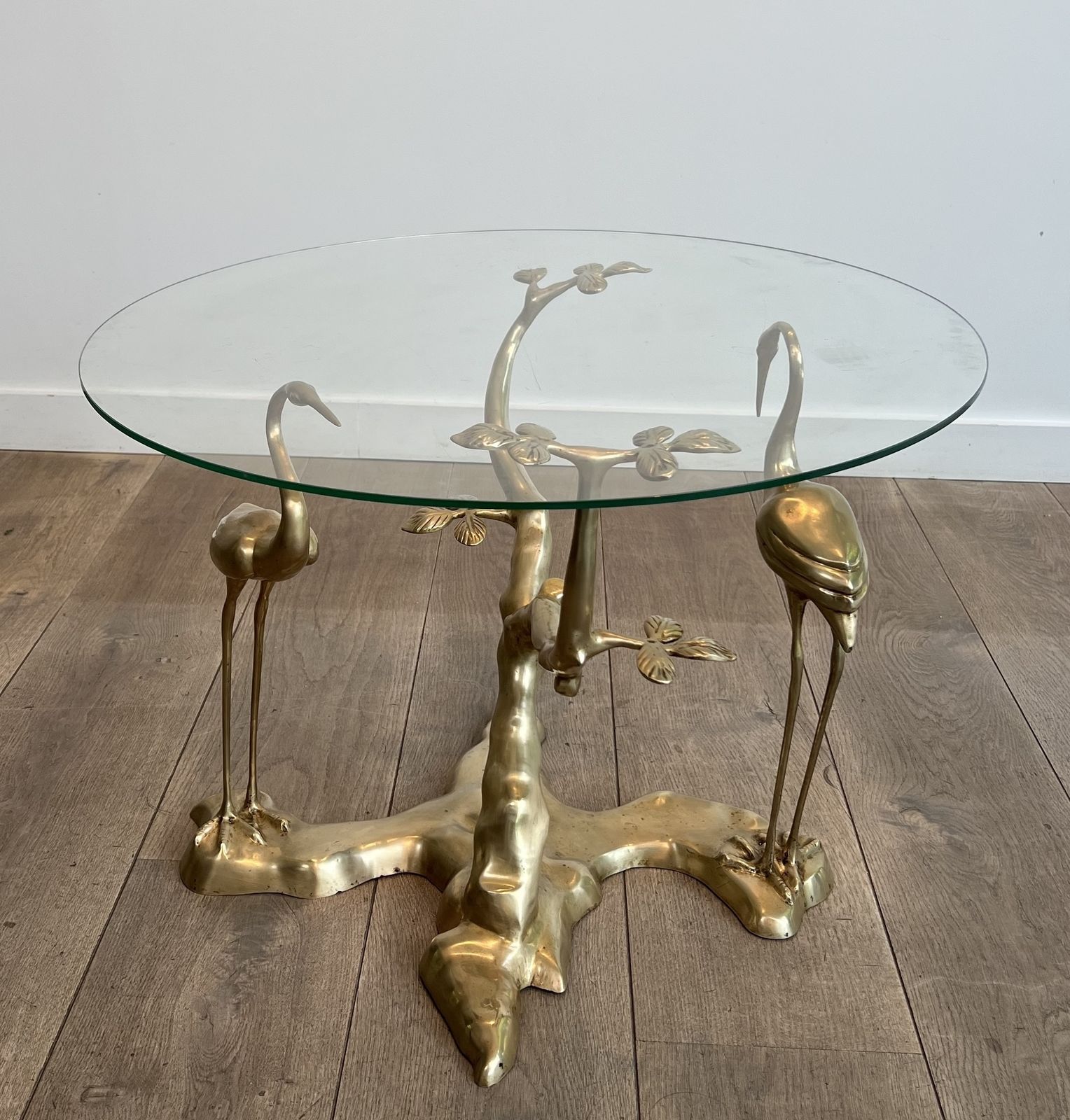 Willy Daro Brass Crane Model Coffee Table Surrounding A Bonsai Tree With Round Glass Top photo 3450.0