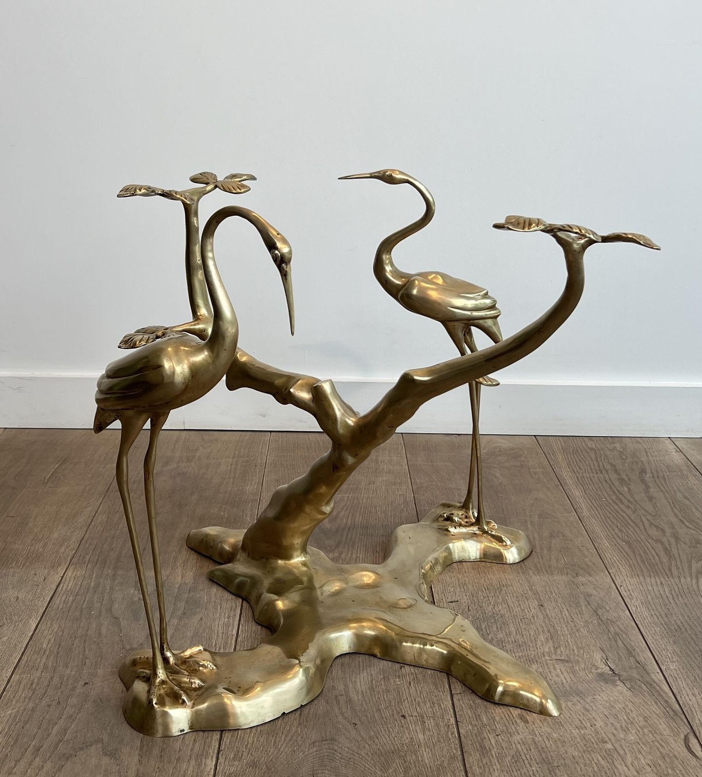 Willy Daro Brass Crane Model Coffee Table Surrounding A Bonsai Tree With Round Glass Top photo buy