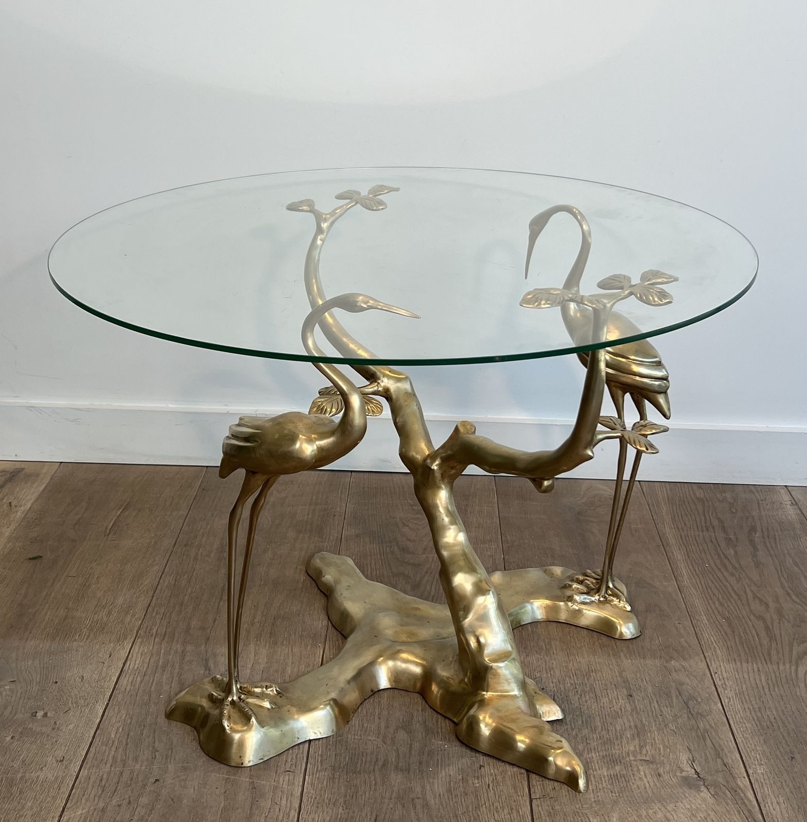 3450.0 Willy Daro Brass Crane Model Coffee Table Surrounding A Bonsai Tree With Round Glass Top photo