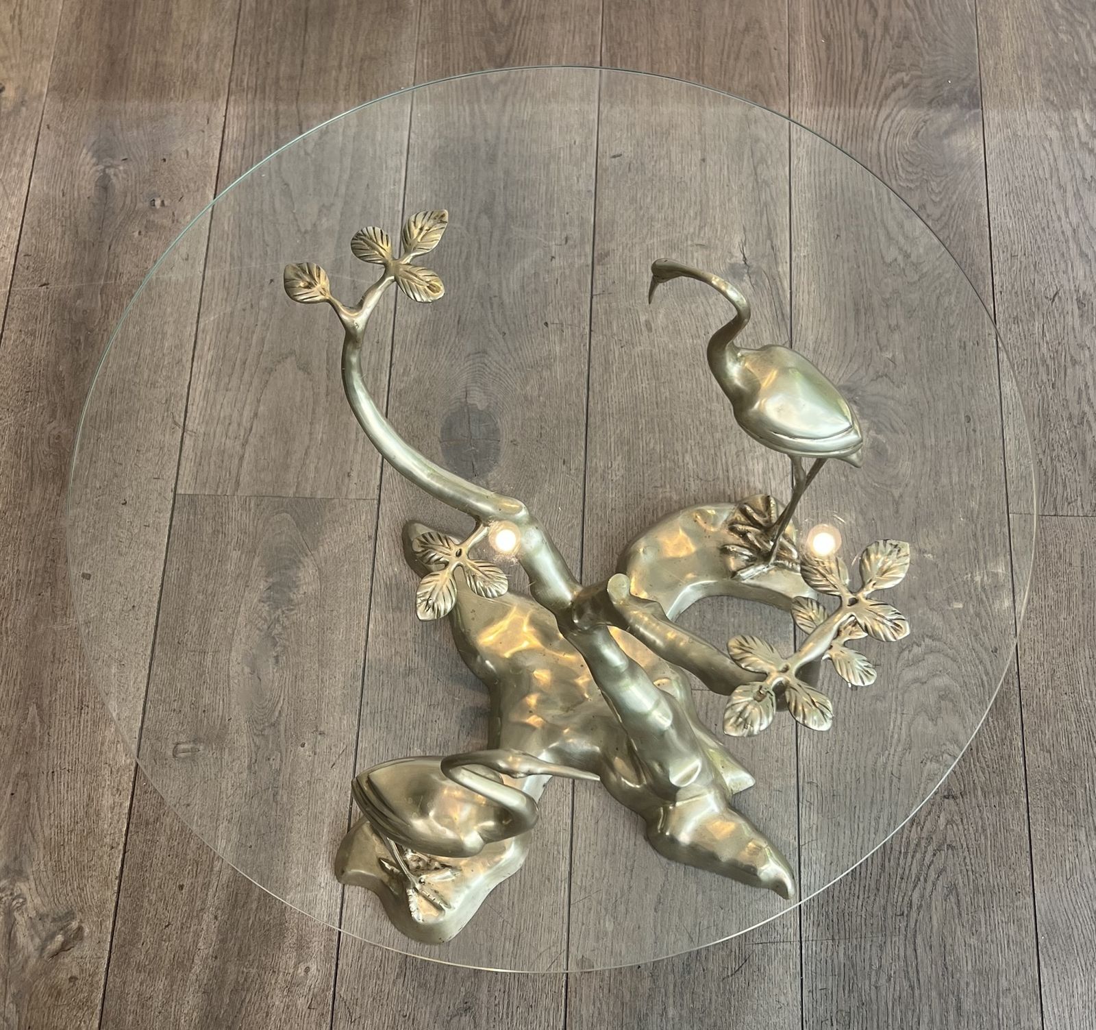 photo vinterior Willy Daro Brass Crane Model Coffee Table Surrounding A Bonsai Tree With Round Glass Top