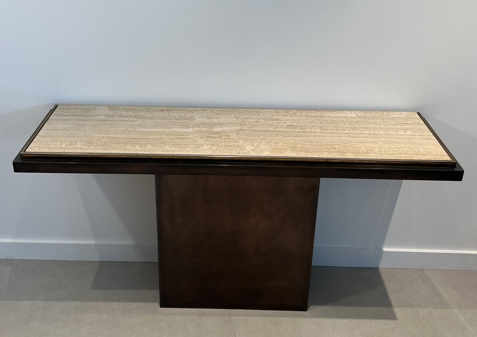 Gunmetal Patina Console With Travertine Top. French Work. Circa 1970 photo furniture