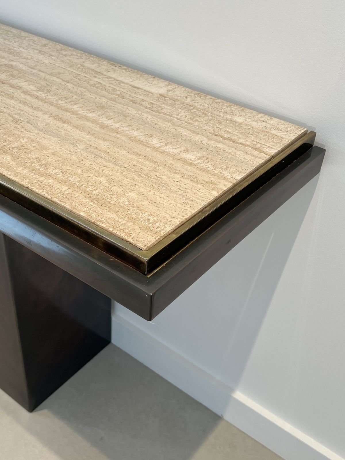 Furniture Gunmetal Patina Console With Travertine Top. French Work. Circa 1970 photo