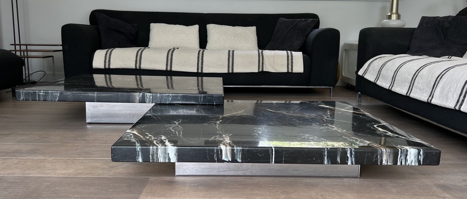 Coffee Table Composed Of Two Designer Faux Marble Tables Resting On Chrome Legs By Willy Rizzo photo for sale