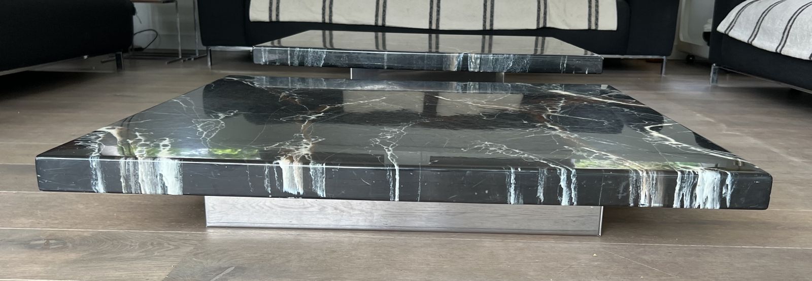 photo vintage Coffee Table Composed Of Two Designer Faux Marble Tables Resting On Chrome Legs By Willy Rizzo