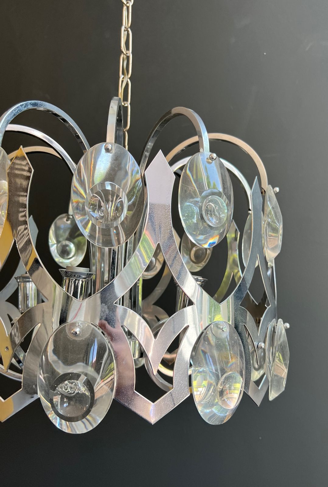 Lighting Chrome And Crystal Designer Chandelier By Angelo Gaetano Sciolari. Circa 1970 photo