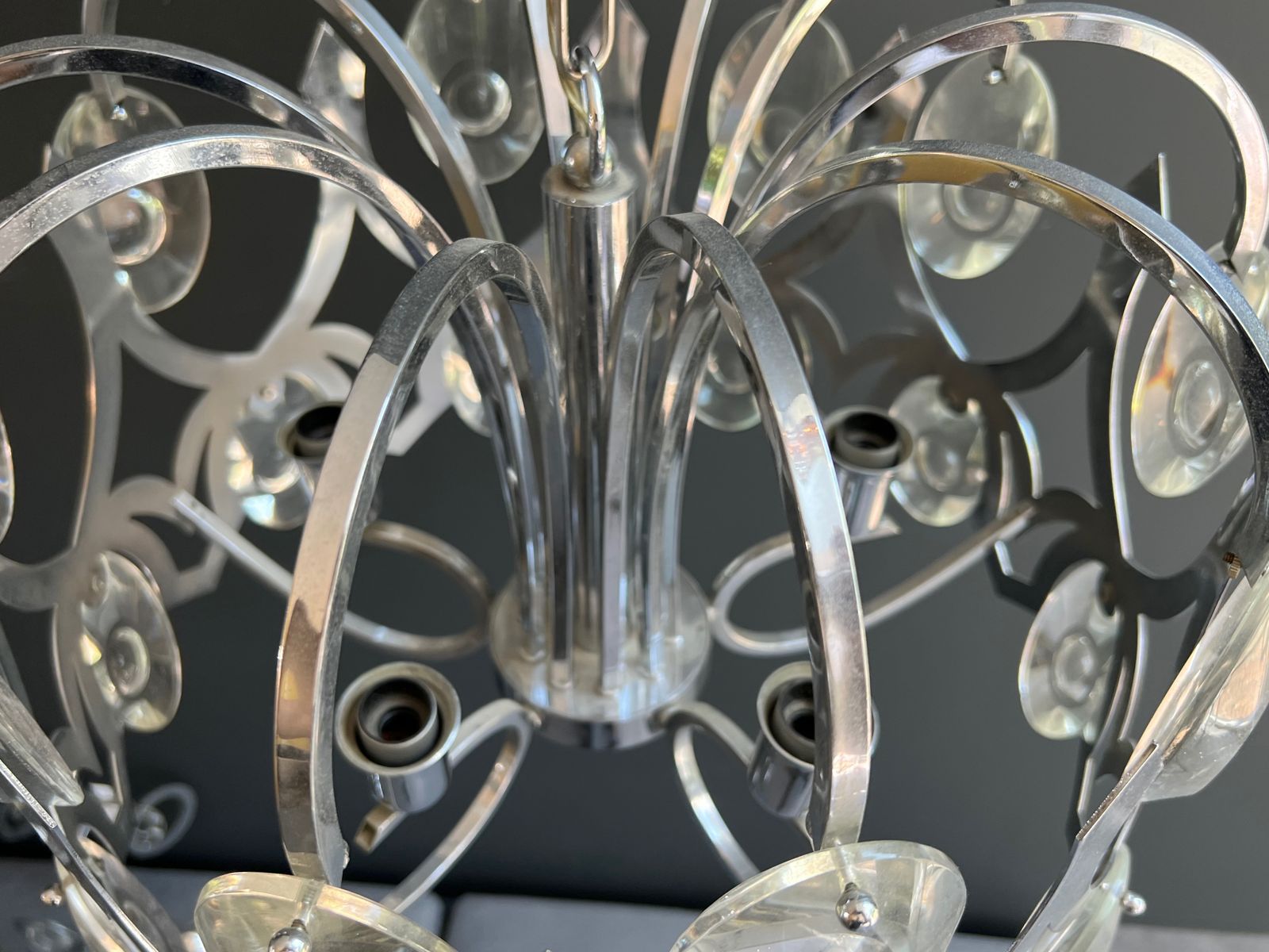 photo buy Chrome And Crystal Designer Chandelier By Angelo Gaetano Sciolari. Circa 1970