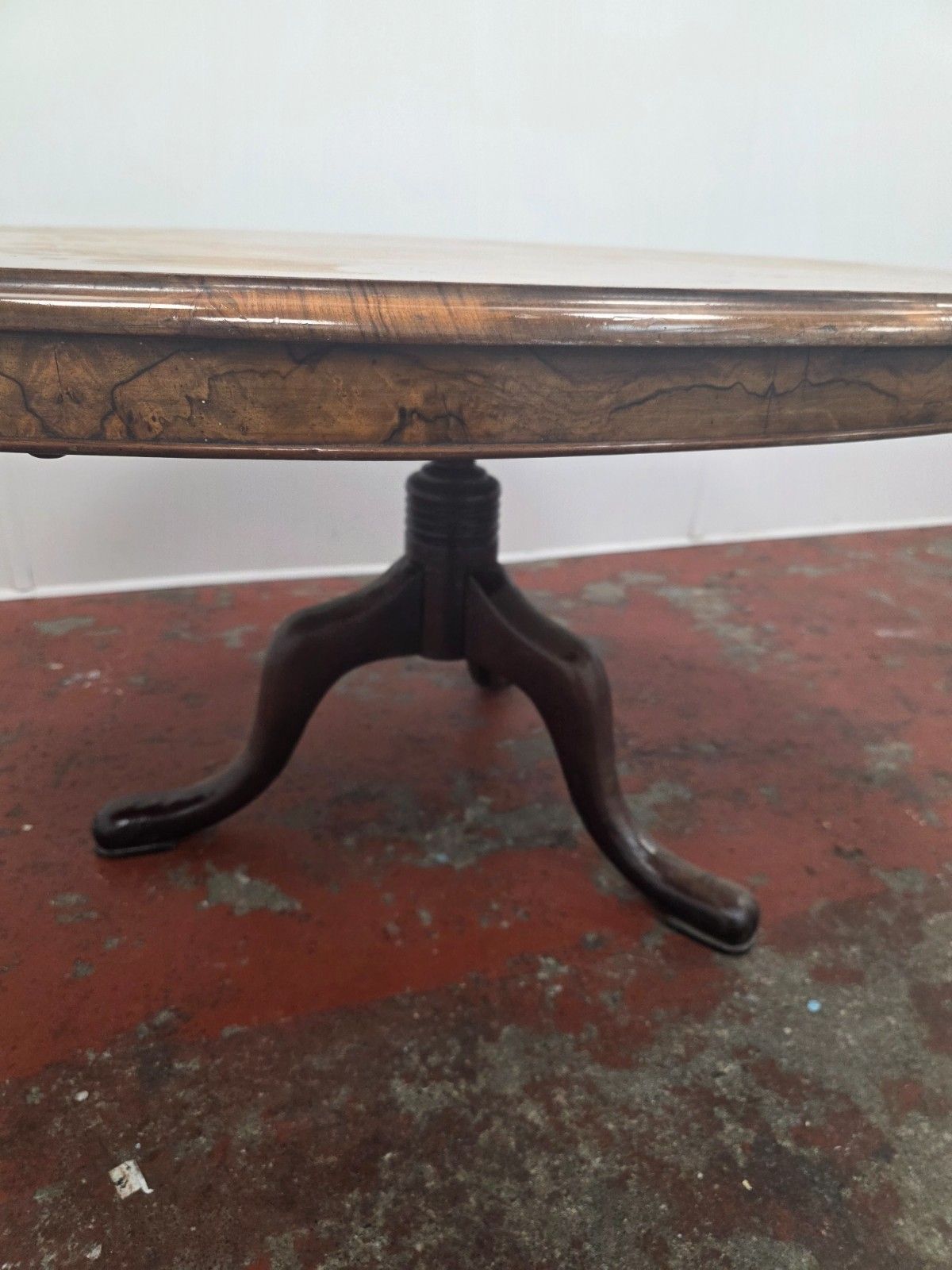 Victorian Burr Walnut Topped Coffee Table In A Modern Cast Iron Tripod Base photo vinterior