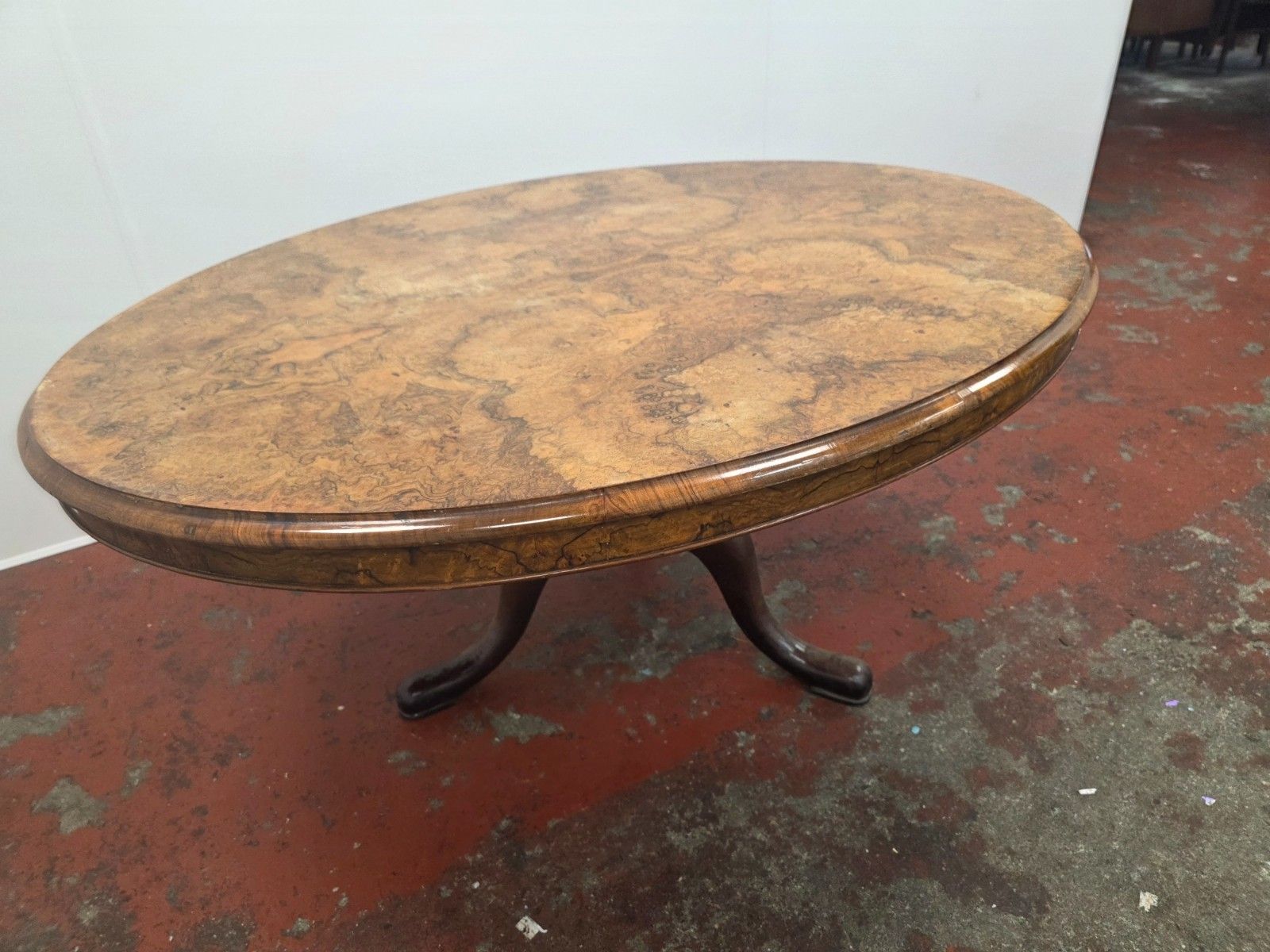 Victorian Burr Walnut Topped Coffee Table In A Modern Cast Iron Tripod Base photo buy