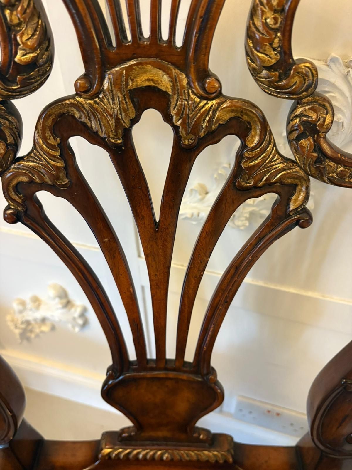 Outstanding Quality Set Of 8 Antique Early 20th Century Carved Walnut And Gilded Dining Chairs photo Furniture