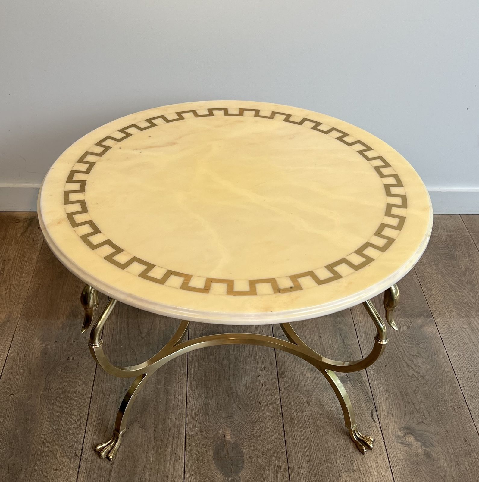 Neoclassical Style Round Brass Coffee Table With Swan Necks And Legs And Brass Inlaid Marble Top From Maison Jansen photo Furniture