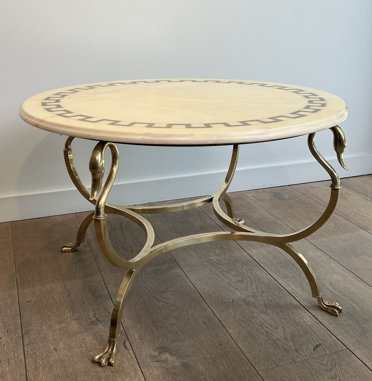 3450.0 Neoclassical Style Round Brass Coffee Table With Swan Necks And Legs And Brass Inlaid Marble Top From Maison Jansen photo