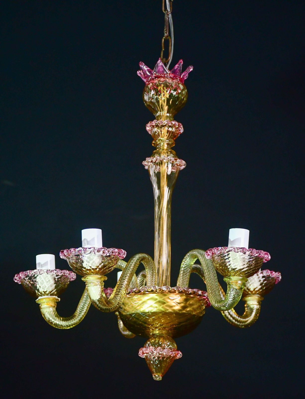 photo for sale Pretty Venetian Chandelier, Pink And Gold Glass, 1950s