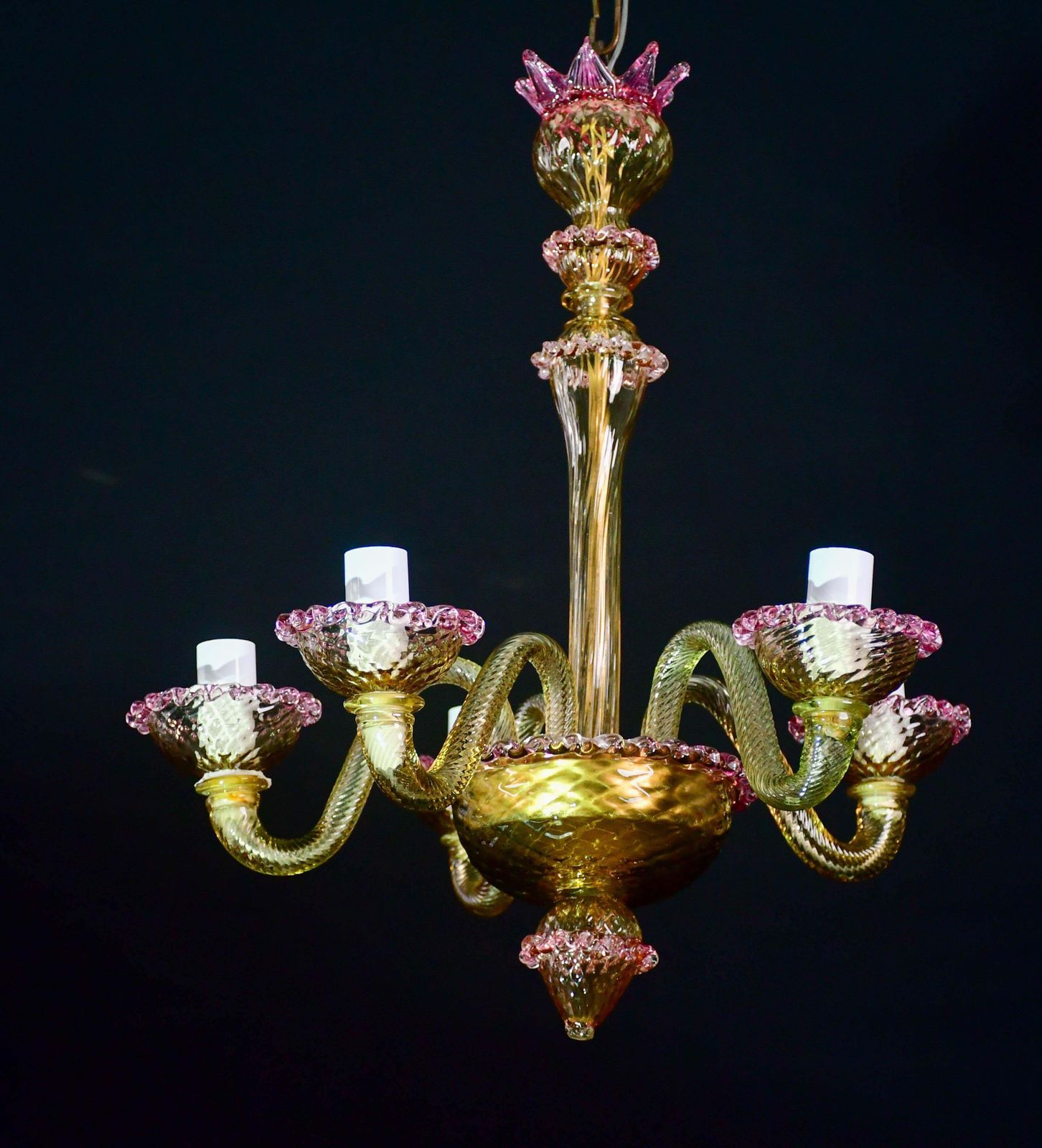 Lighting Pretty Venetian Chandelier, Pink And Gold Glass, 1950s photo