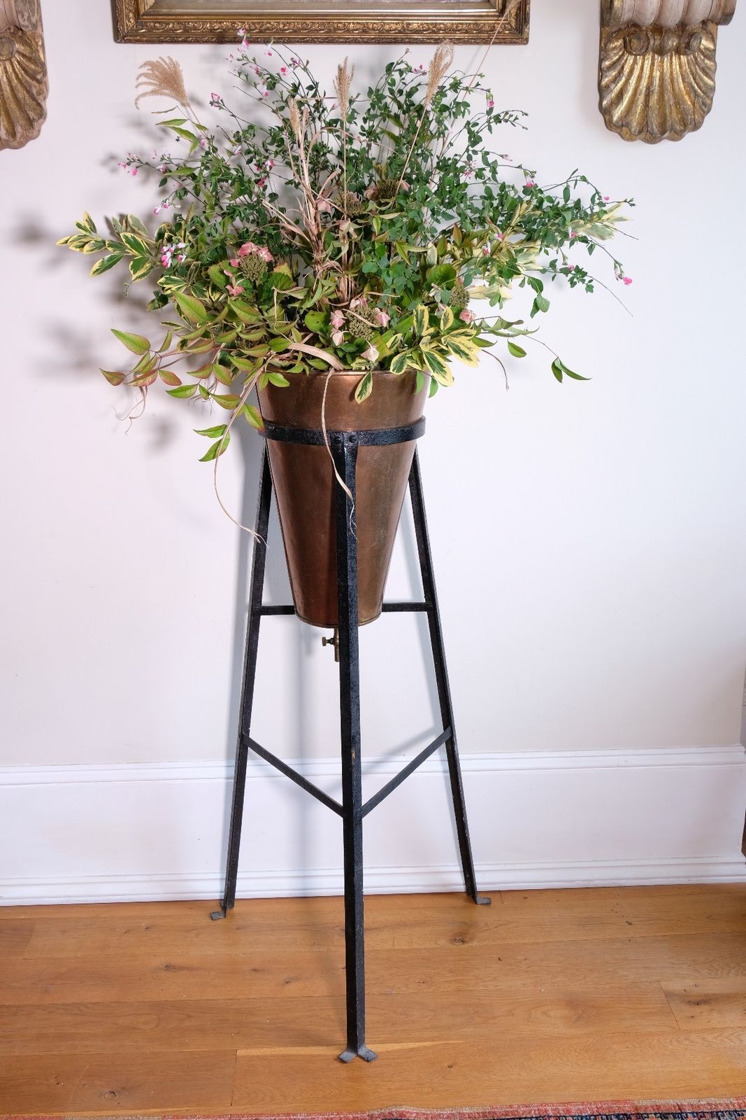 Large Copper Conical Planter On Cast Iron Stand Antique photo for sale