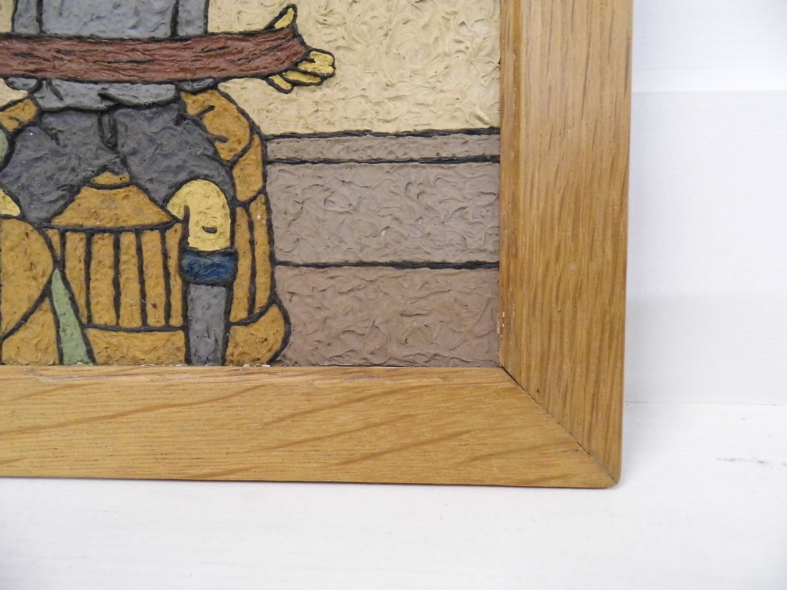 Vintage Mixed Media Pastel Art Painting By Hkk Retro Boy Holding Wool Oak Frame photo 95.0