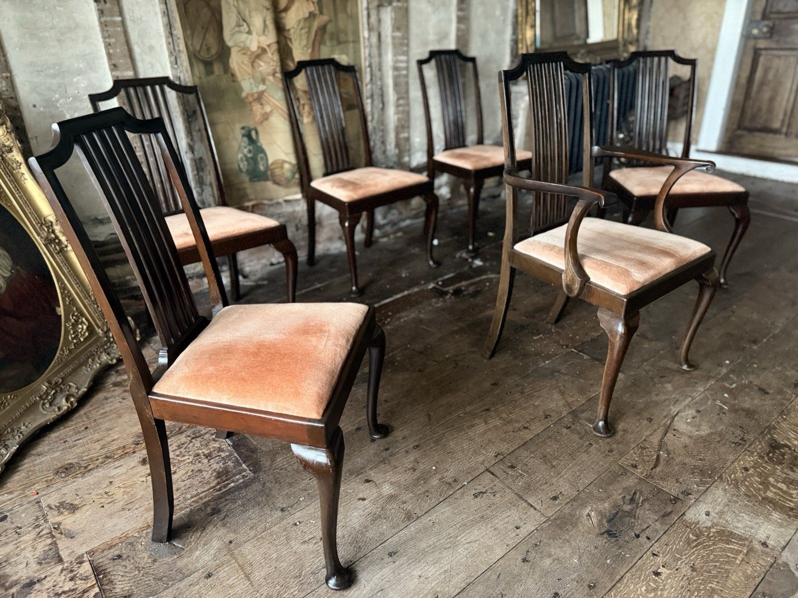 High Quality Antique Dining Pink Velvet Drop In Seats Chairs Waring And Gillow photo for sale