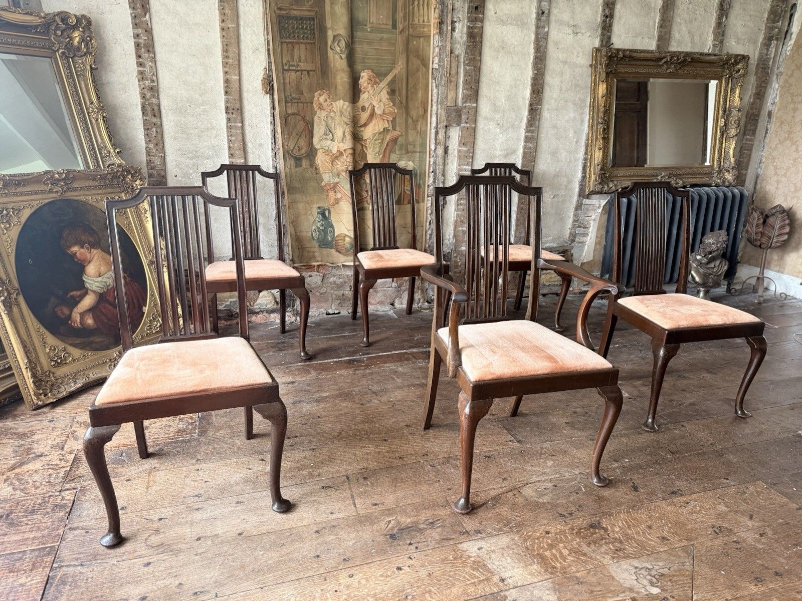 High Quality Antique Dining Pink Velvet Drop In Seats Chairs Waring And Gillow photo 799.0