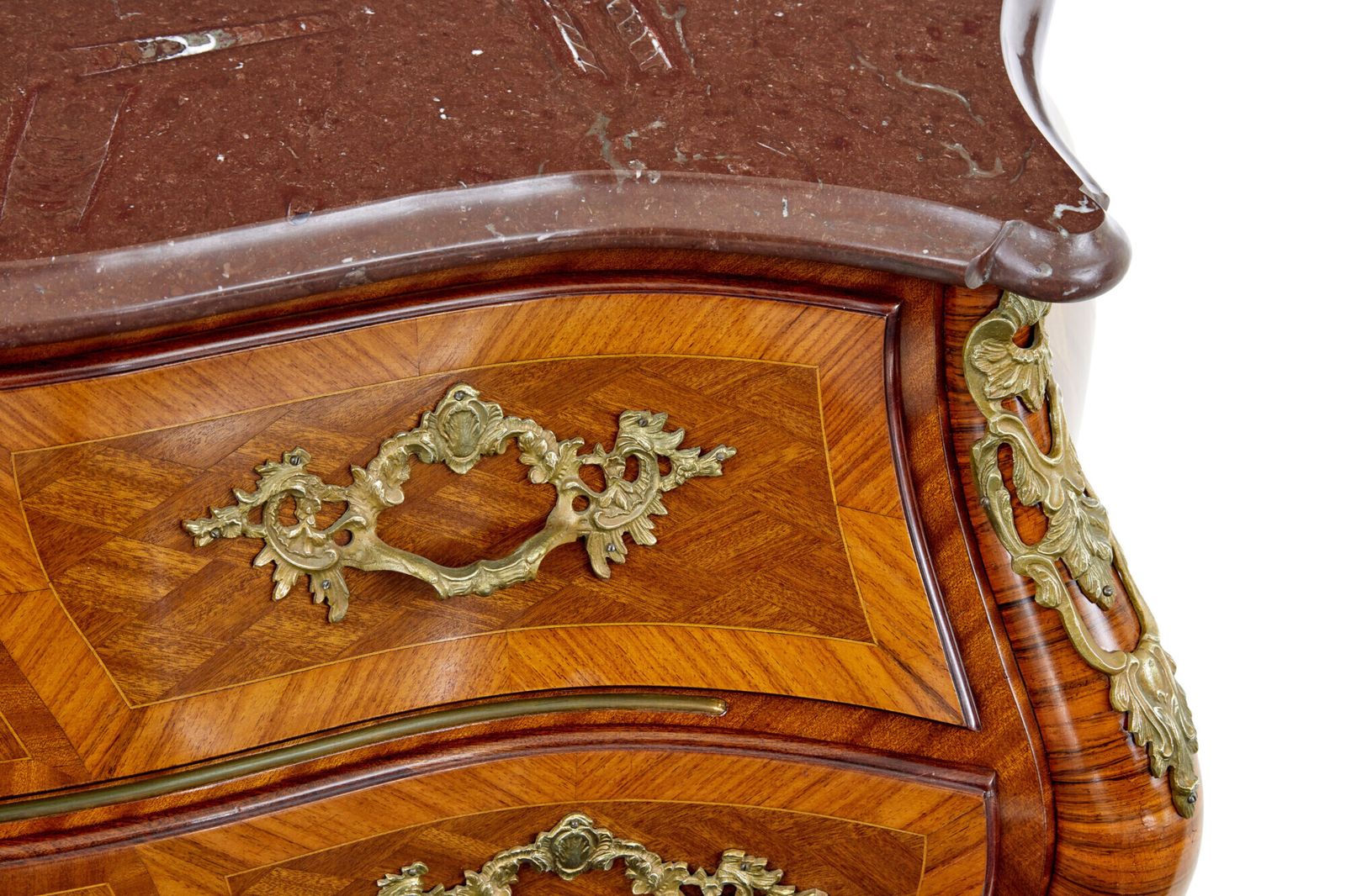 Mid Century Rococo Revival Fossil Marble Bombe Commode photo furniture