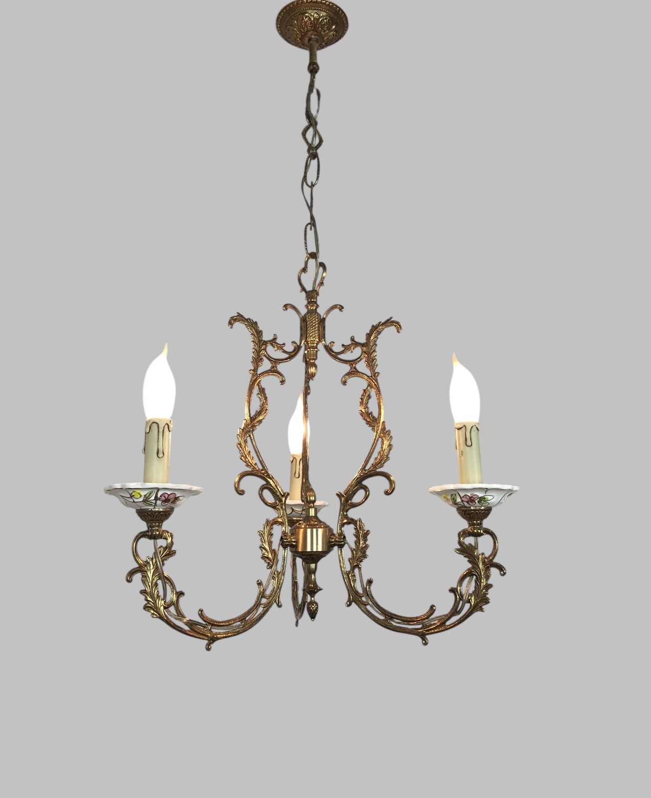 Gilt Bronze & Porcelain Chandelier With Matching Wall Lights