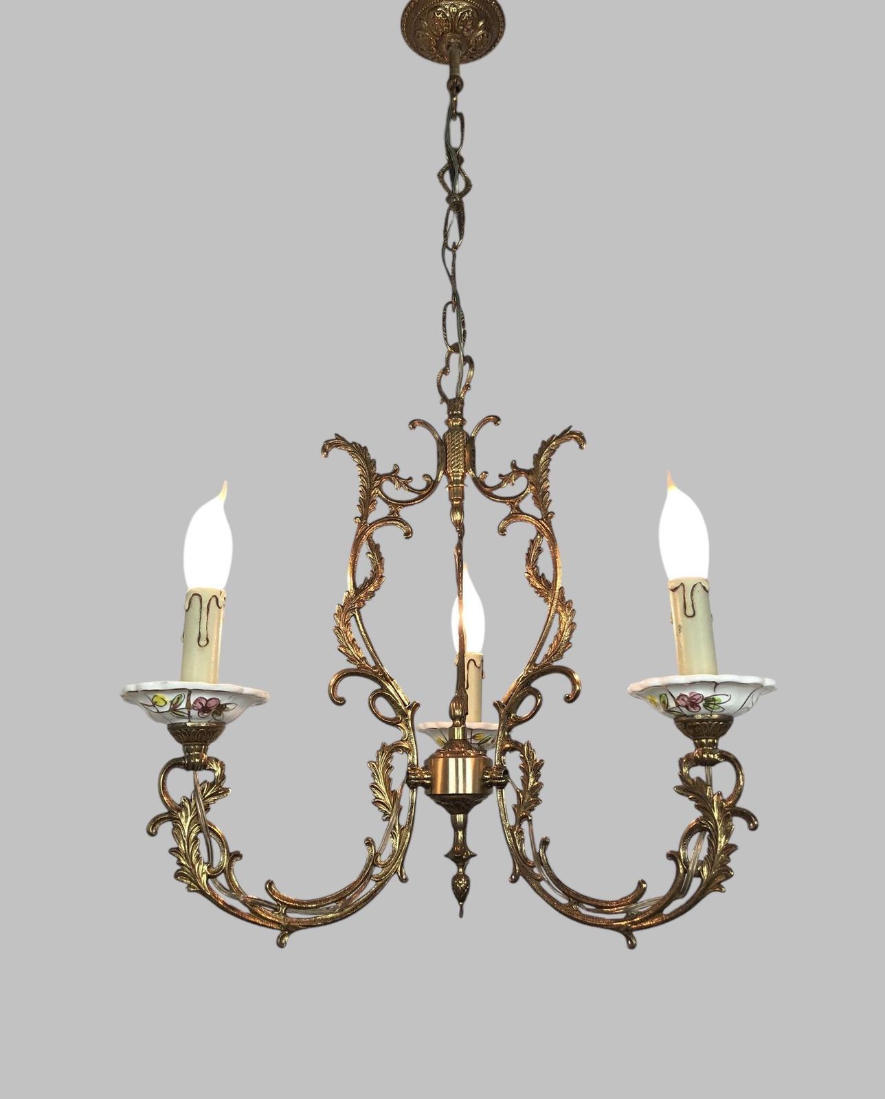 Gilt Bronze & Porcelain Chandelier With Matching Wall Lights photo vinterior