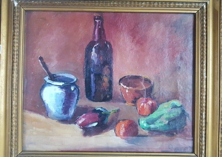 “Still Life With Vegetables,” Impressionist Oil On Canvas, Antique, Circa 1900–1930. photo furniture