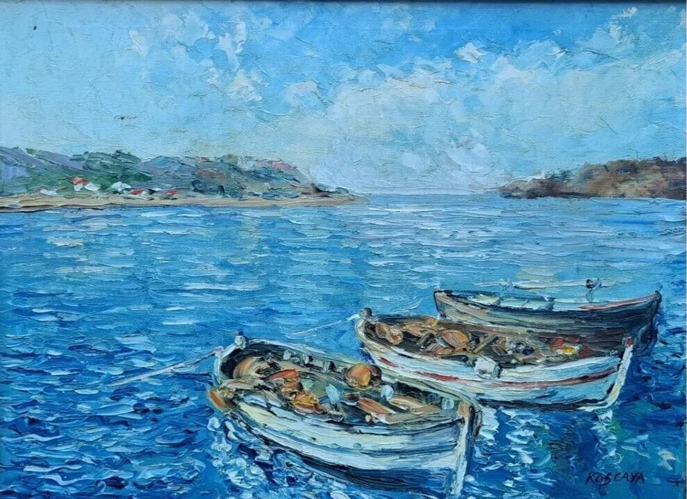 Fine 20th Century Impressionist Oil Painting – Seascape With Boats photo furniture