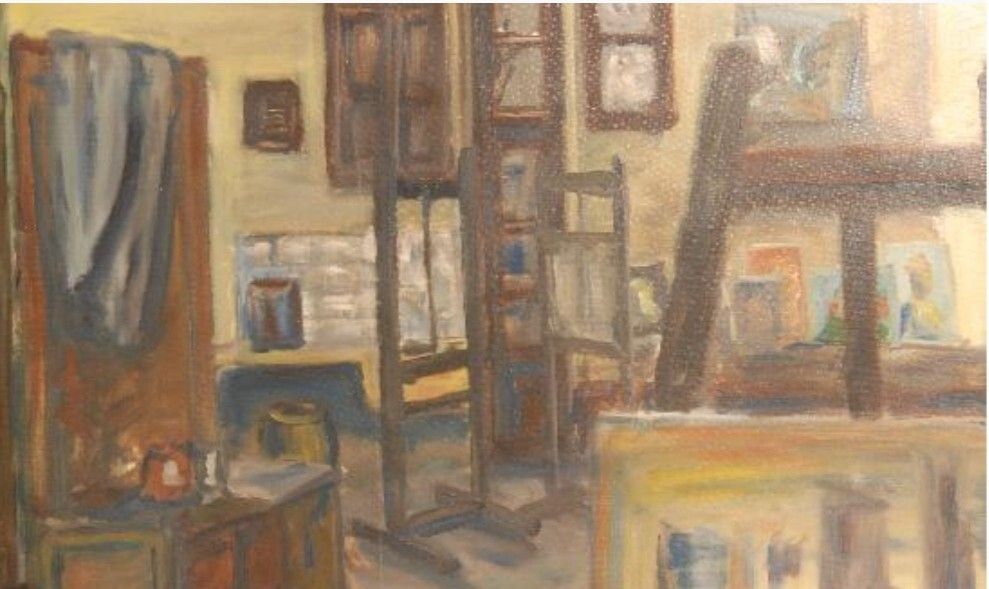 Antique Impressionist Oil Painting 20th Century. Interior Scene. Atelier. photo furniture