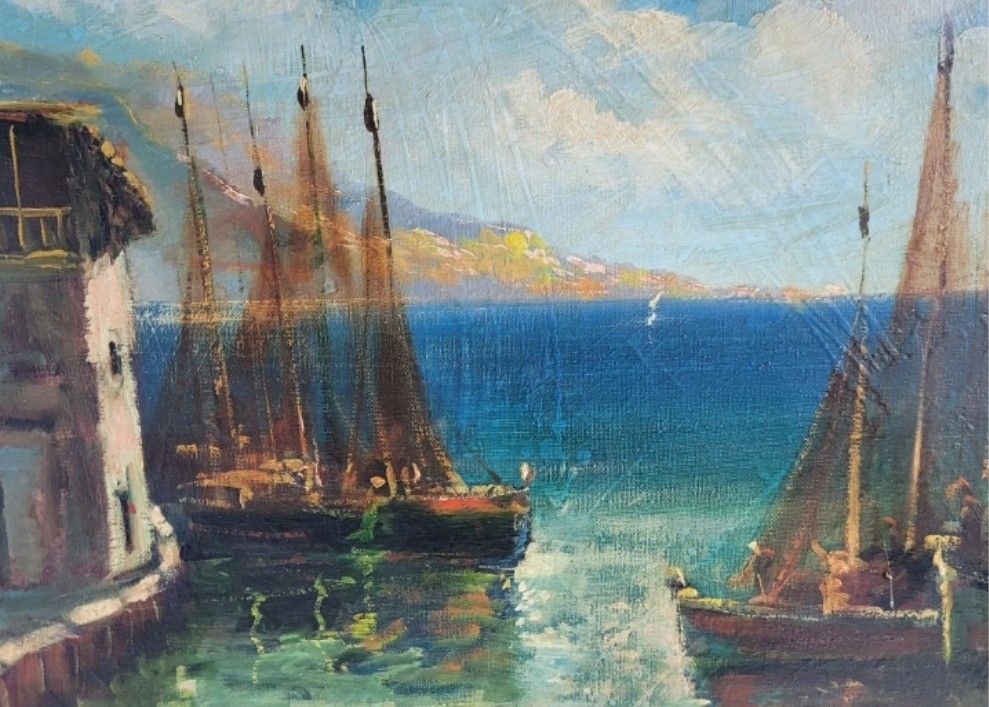 Oil Painting Seascape Boats Impressionist 20th Century photo furniture
