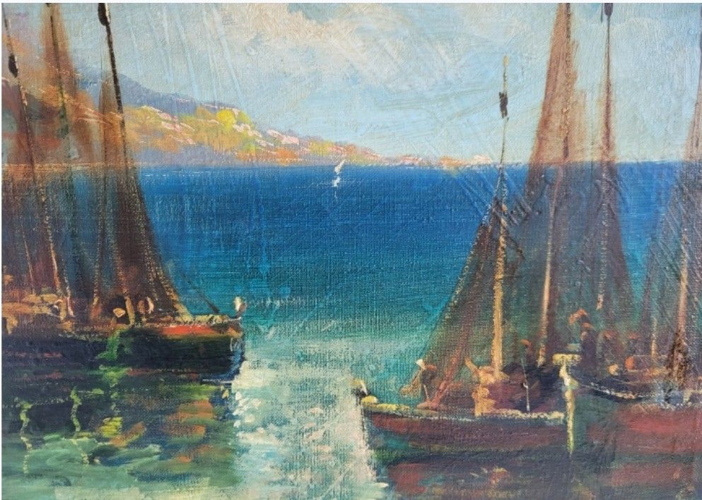 Oil Painting Seascape Boats Impressionist 20th Century photo vintage