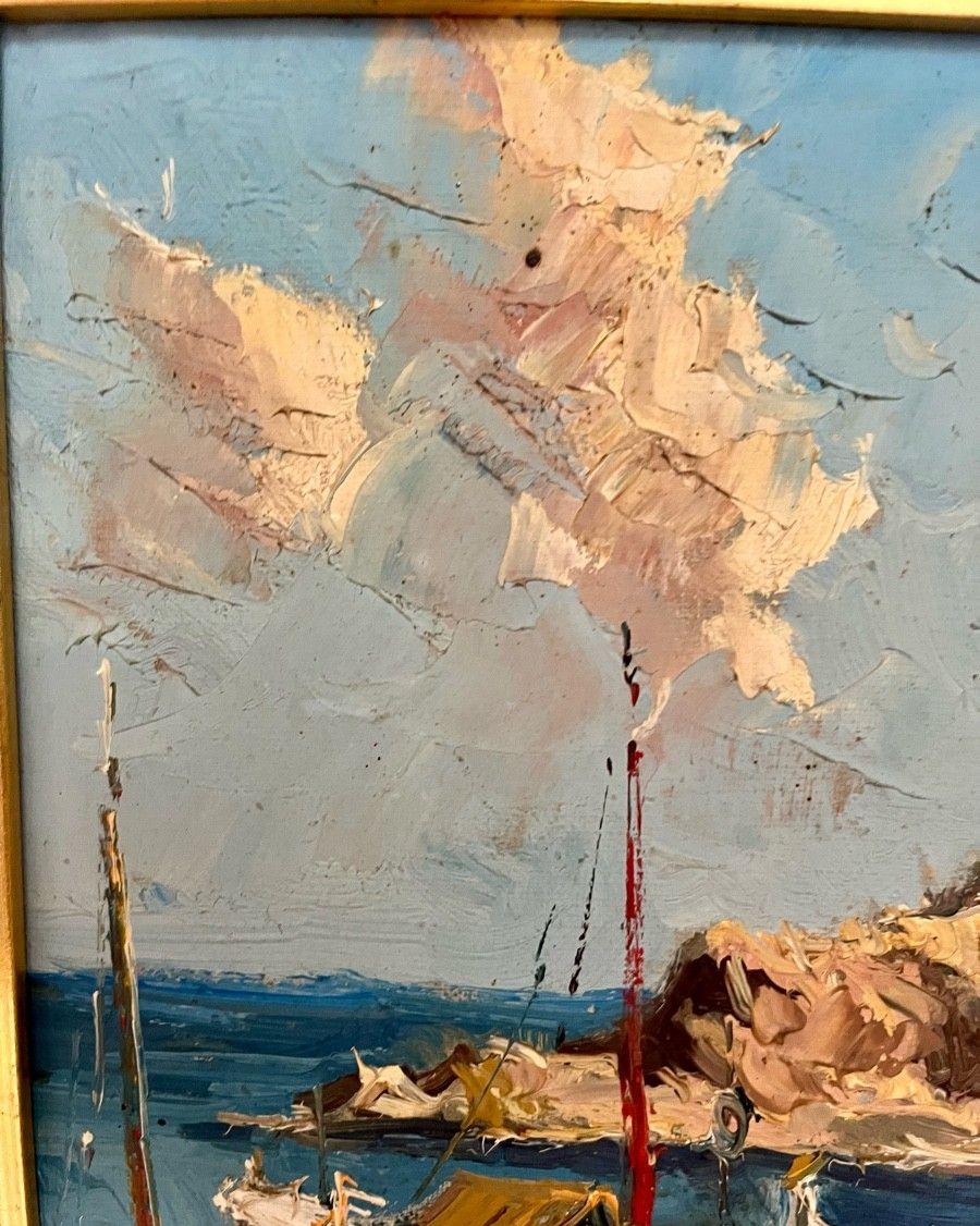 Antique Oil Painting Seascape Impressionist Boats 20th Century photo buy