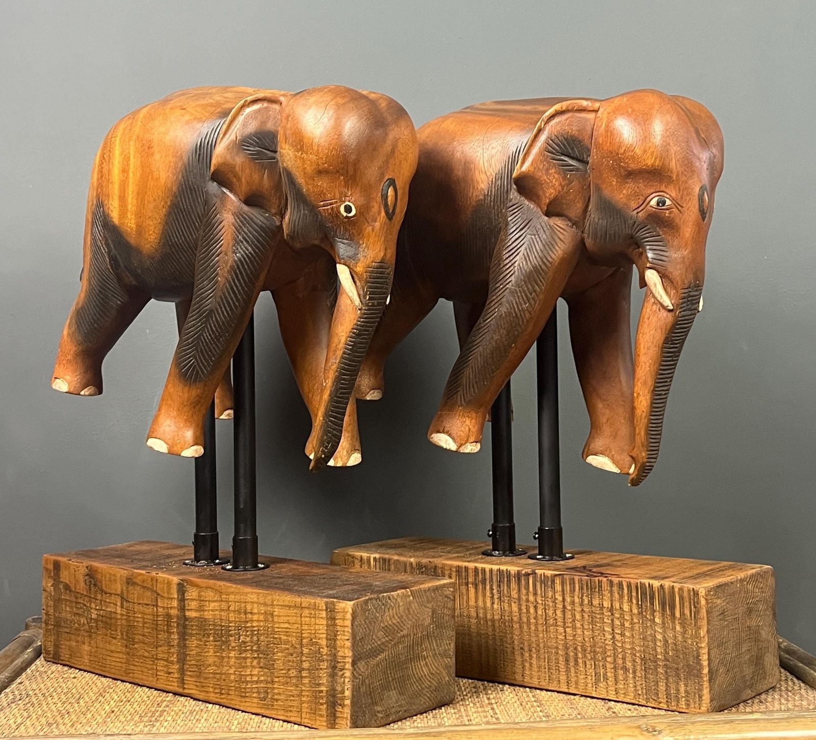 Pair Large Antique Early 20th Century Rosewood Asian Elephants On Stylish Stands photo furniture