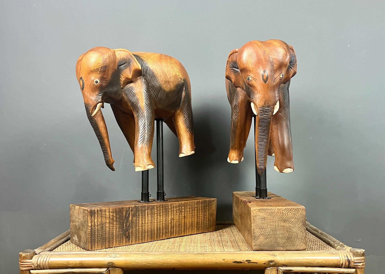 Pair Large Antique Early 20th Century Rosewood Asian Elephants On Stylish Stands photo for sale